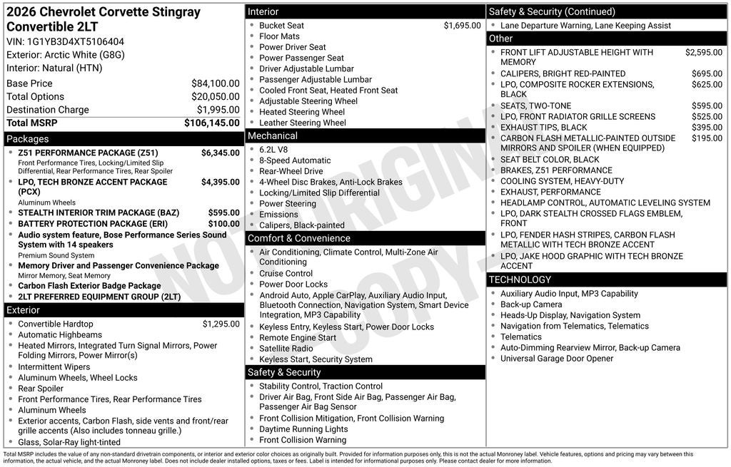 2026 Chevrolet Corvette Stingray 2LT